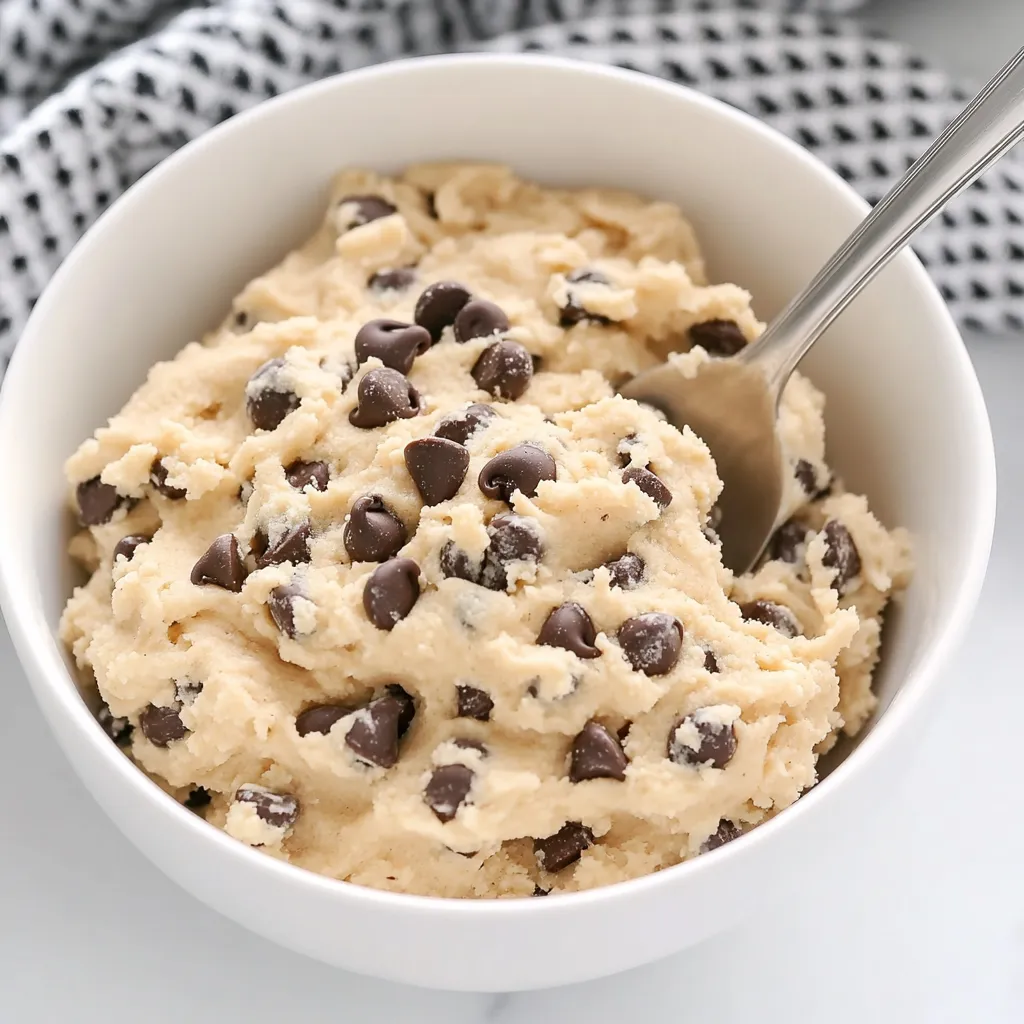 Delicious edible chocolate chip cookie dough in a bowl