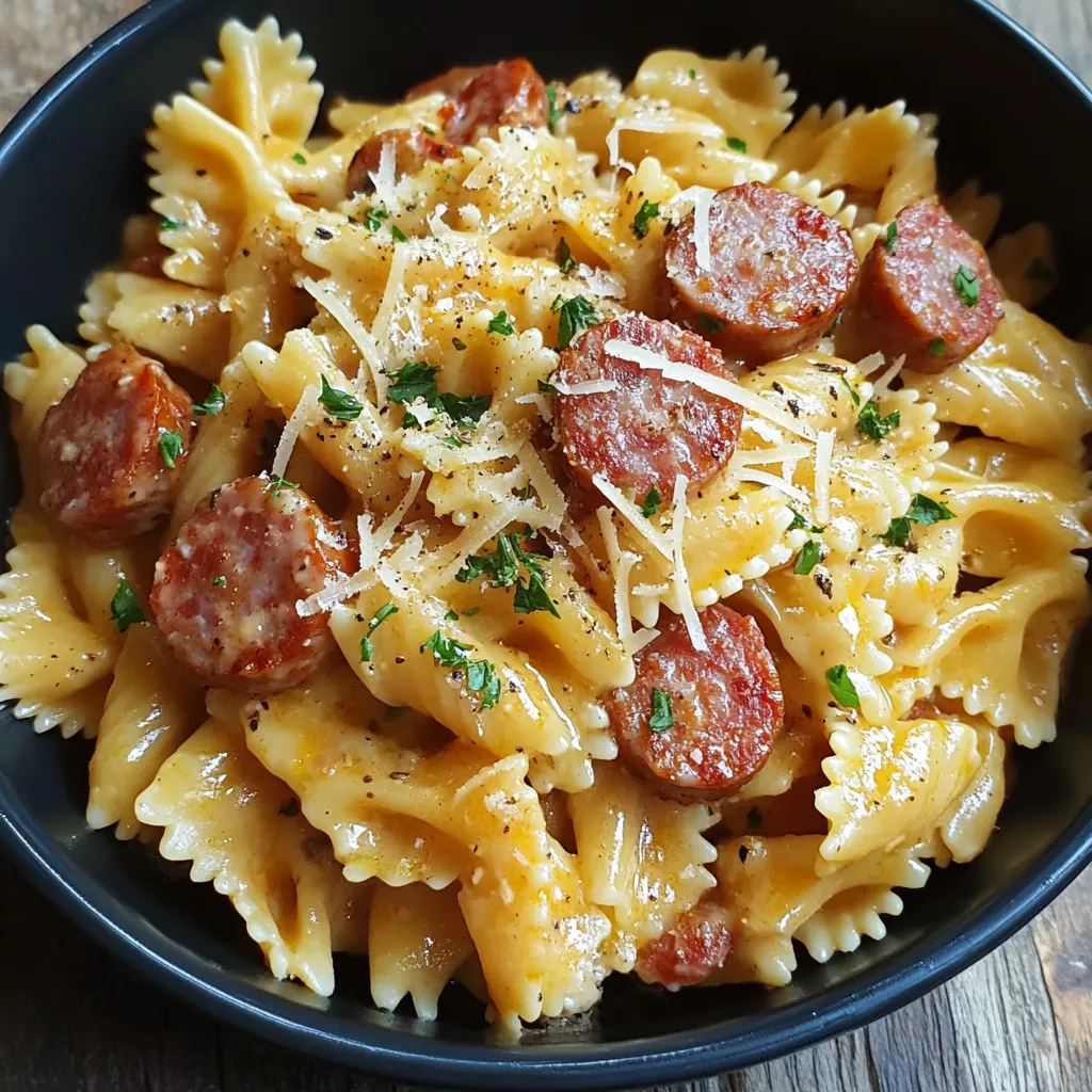 One-pot smoked sausage pasta garnished with fresh herbs.