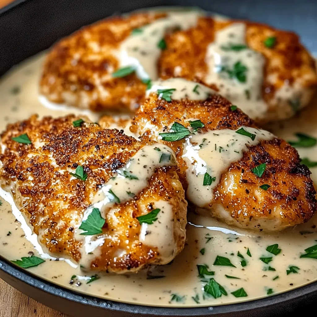 Golden brown Parmesan crusted chicken with creamy garlic sauce.