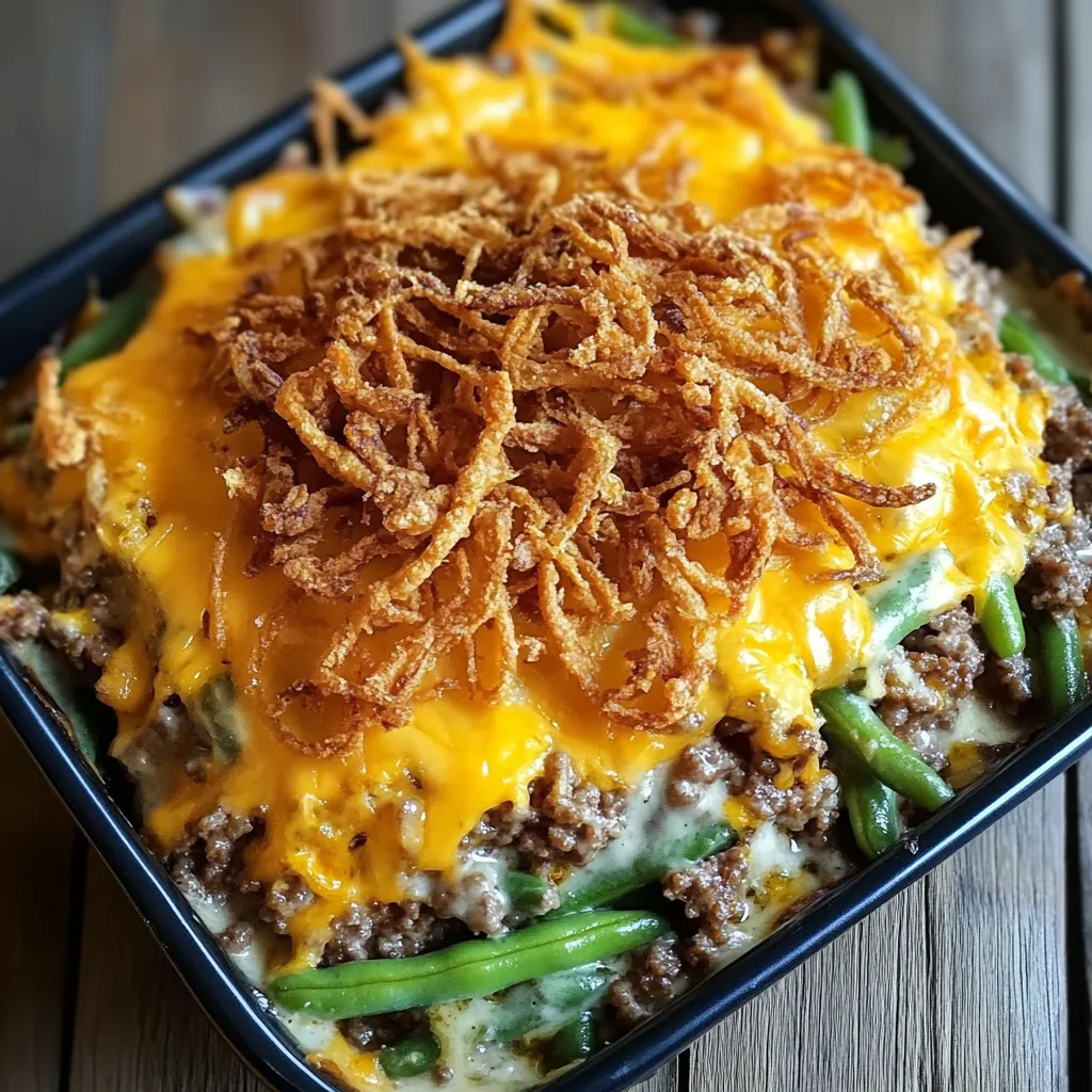 Hamburger green bean casserole, baked golden brown in a serving dish.