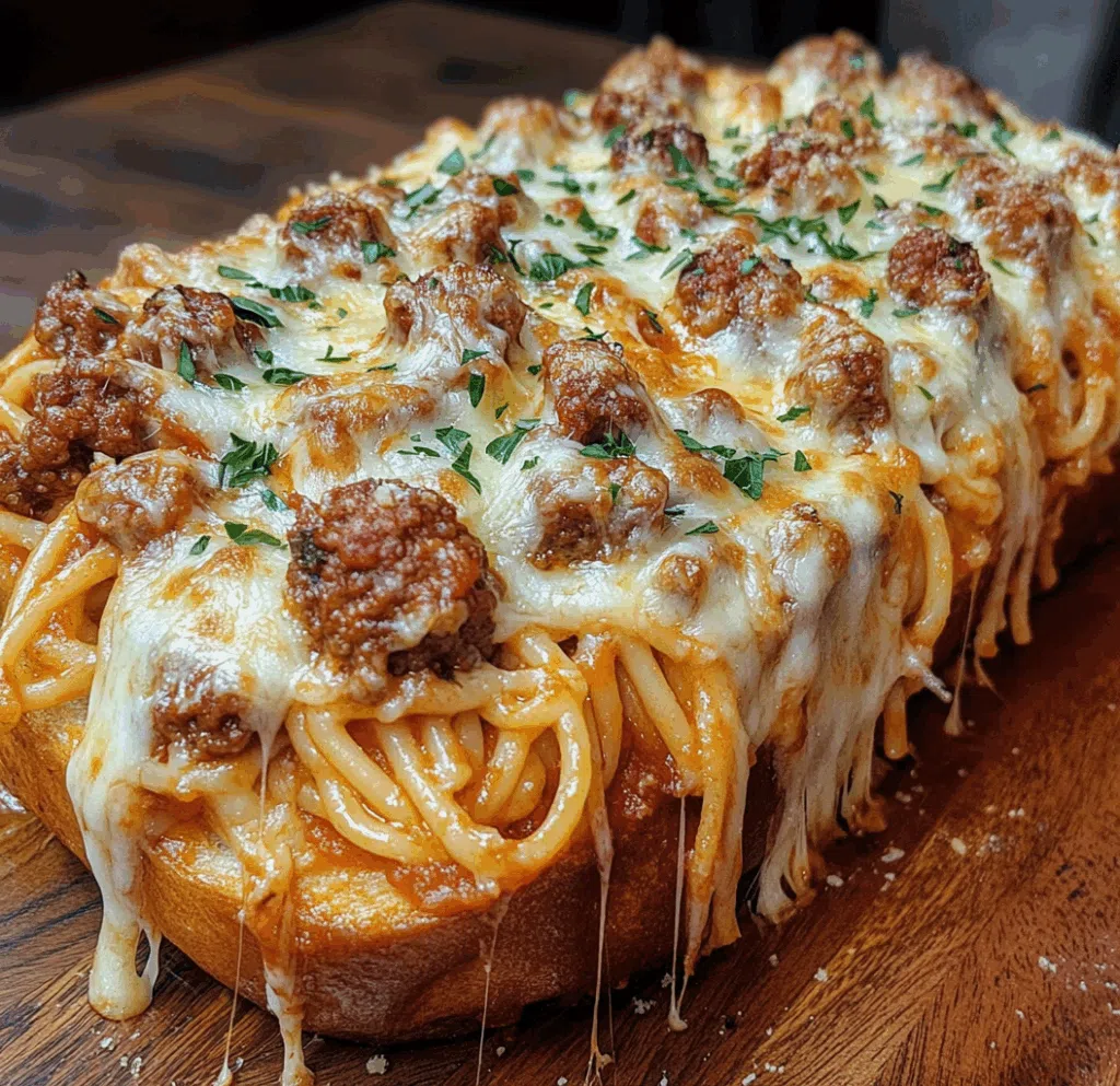 Cross-section of garlic bread loaf stuffed with cheesy pasta.