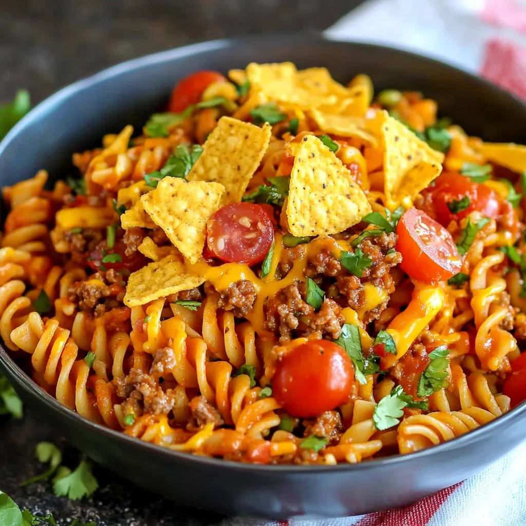 Creamy one-pot taco pasta in a skillet, garnished with fresh cilantro and cheese.