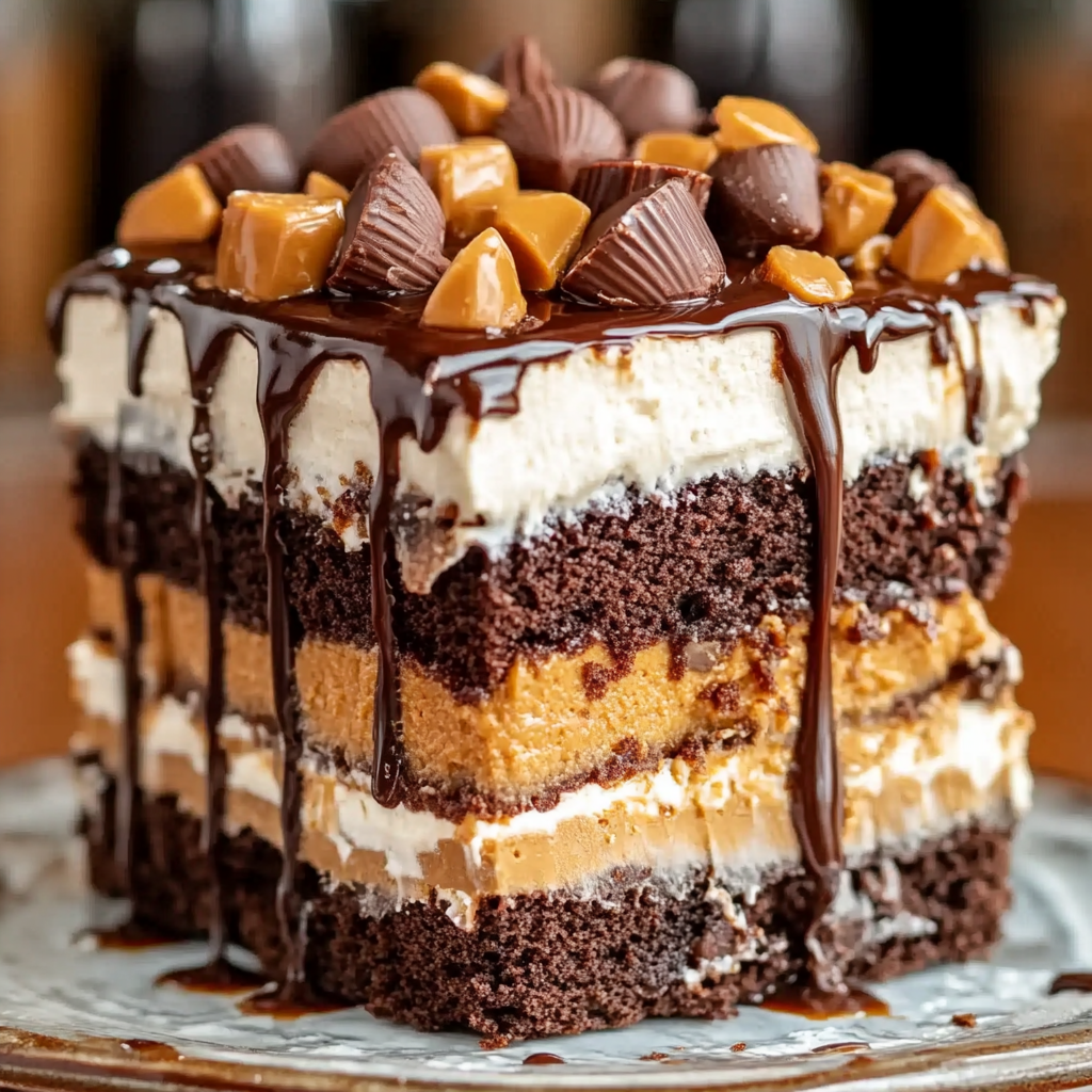 Decadent Reese's Peanut Butter Poke Cake slice with chocolate drizzle and peanut butter cup pieces.
