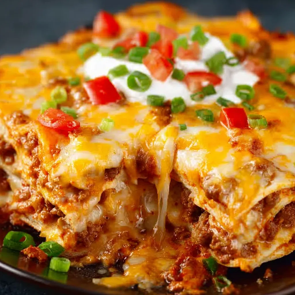 Layered Mexican lasagna with golden melted cheese, ground beef, and tortillas.