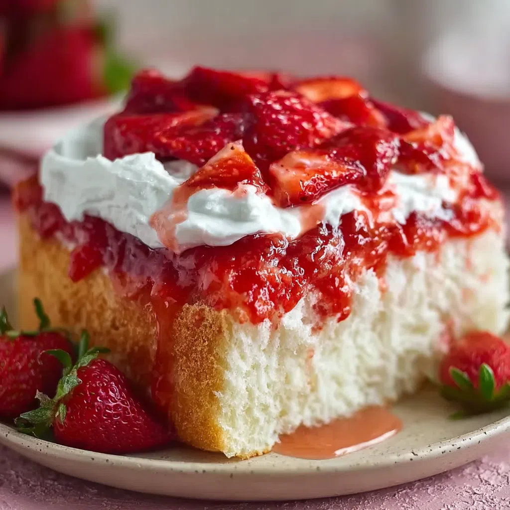 Slice of Clara's easy strawberry shortcake cake with fresh strawberries and whipped cream.