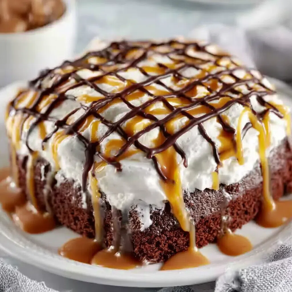 Snickers candy poke cake with chocolate frosting and Snickers pieces