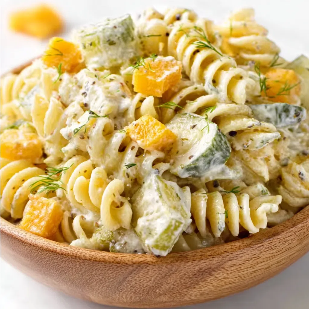 Creamy pickle pasta salad in a bowl, topped with vibrant zesty onion relish.