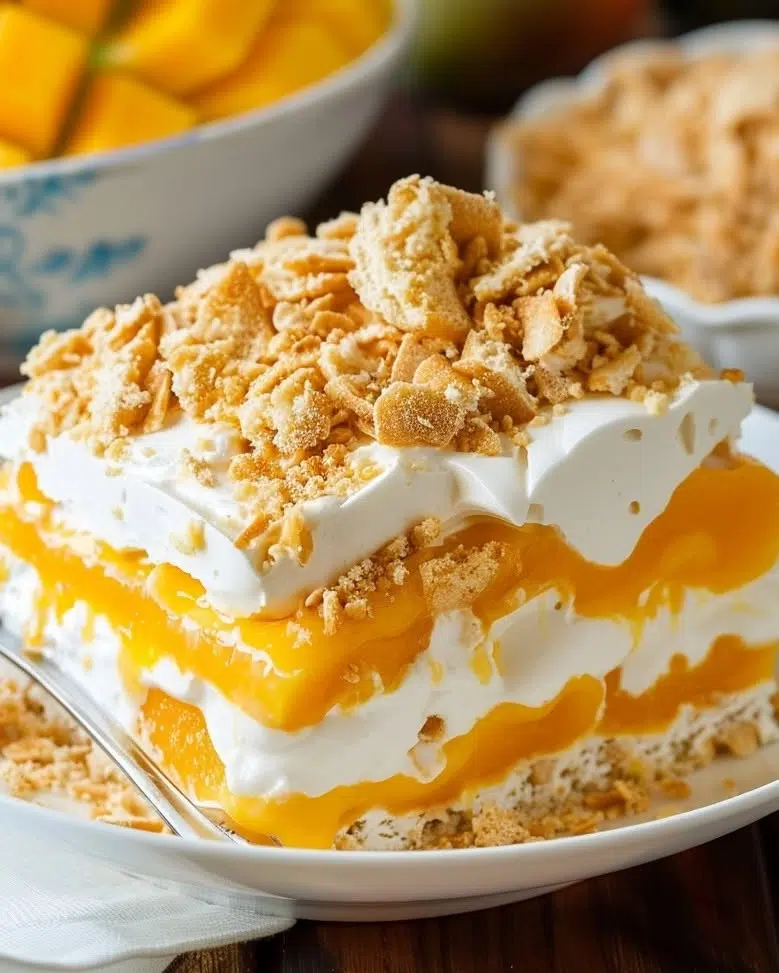 Delicious layered creamy mango float dessert in a glass.