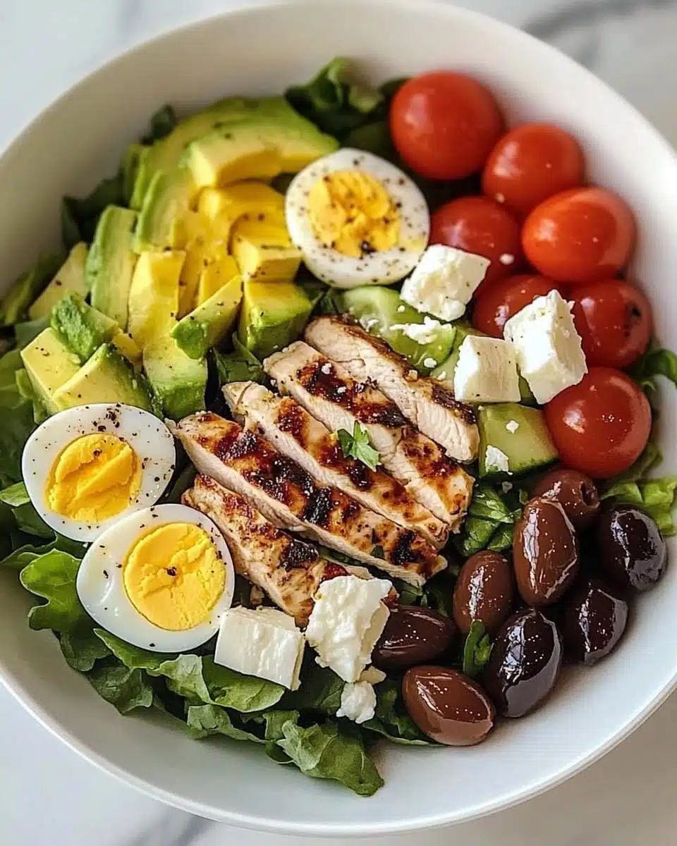 Grilled chicken and avocado Mediterranean salad