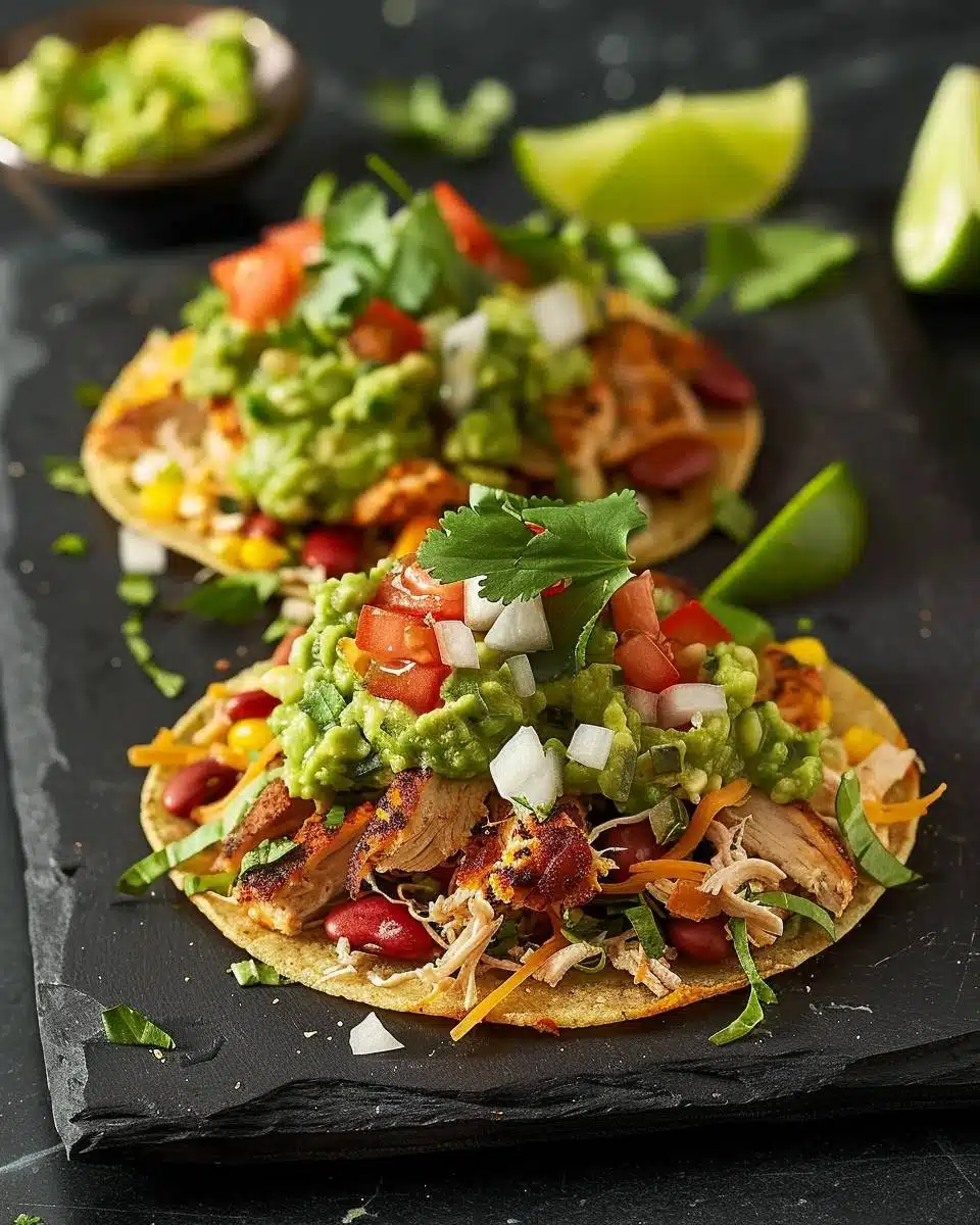 Crispy chicken, guacamole, and black bean tostadas on a serving plate.