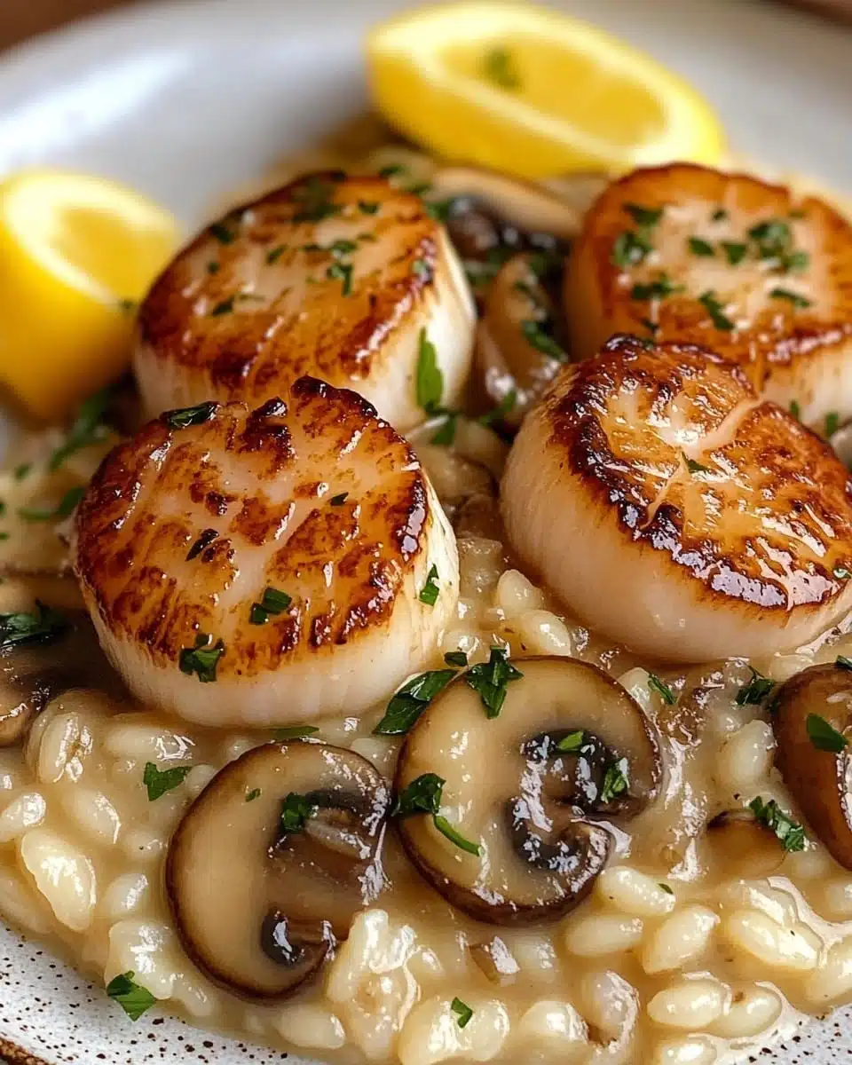 Creamy scallop and mushroom risotto, elegantly plated.