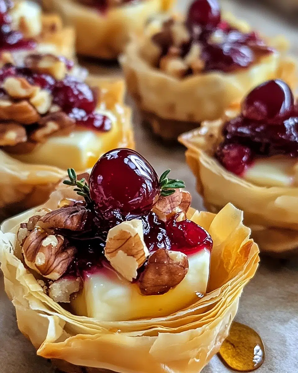 Golden cranberry walnut brie phyllo cups with honey drizzle.