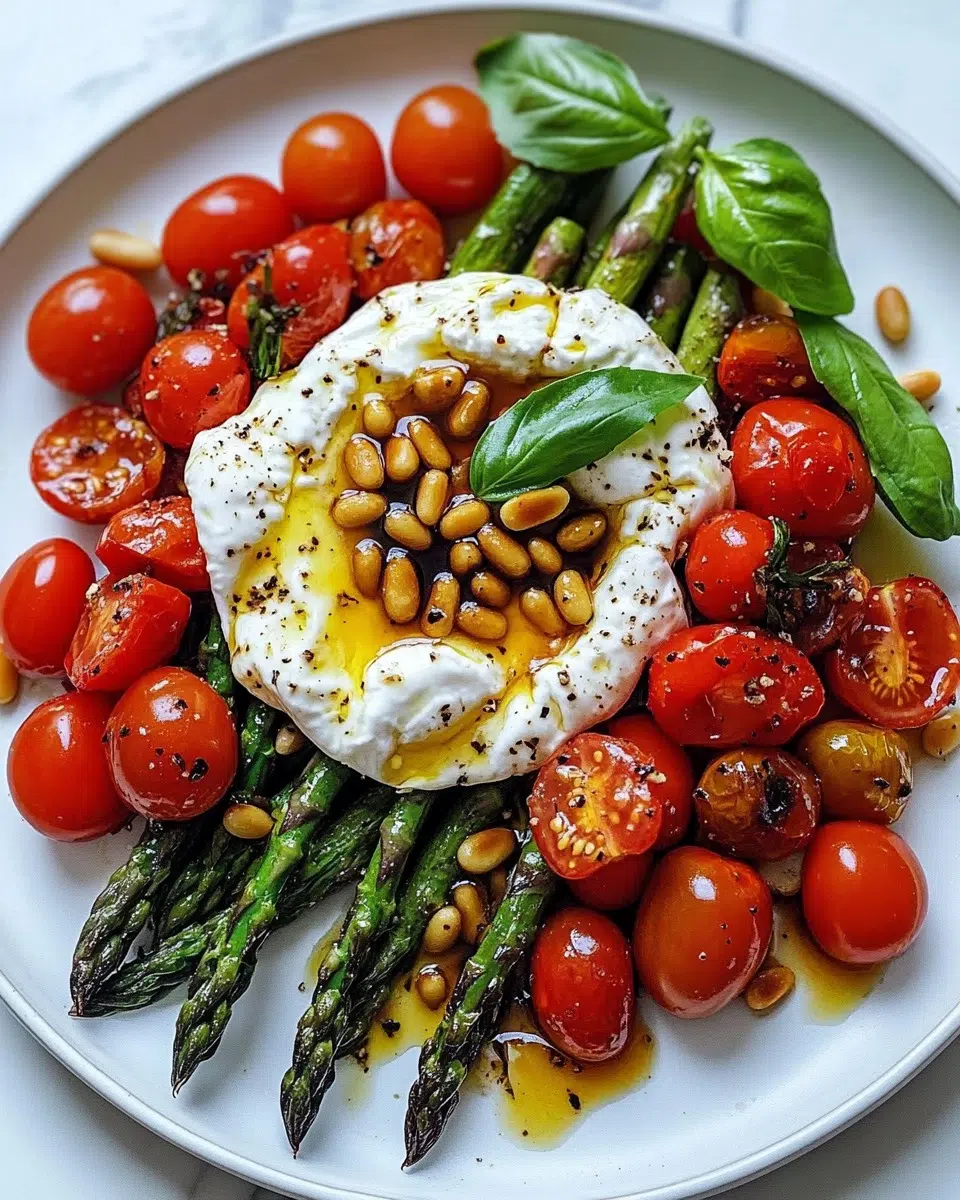 Fresh asparagus, cherry tomato, and creamy burrata salad.