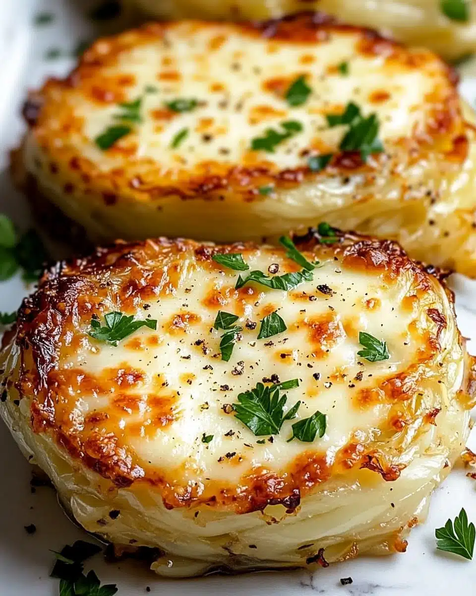Golden-brown cheesy baked cabbage steaks with melted cheese.