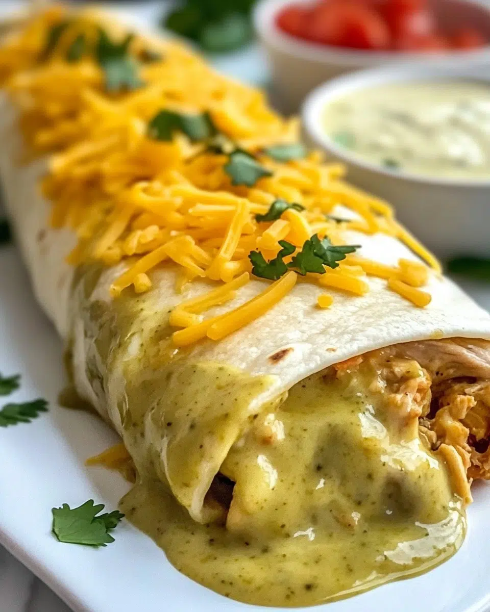 Golden baked chicken burritos smothered in cheesy green chili sauce.