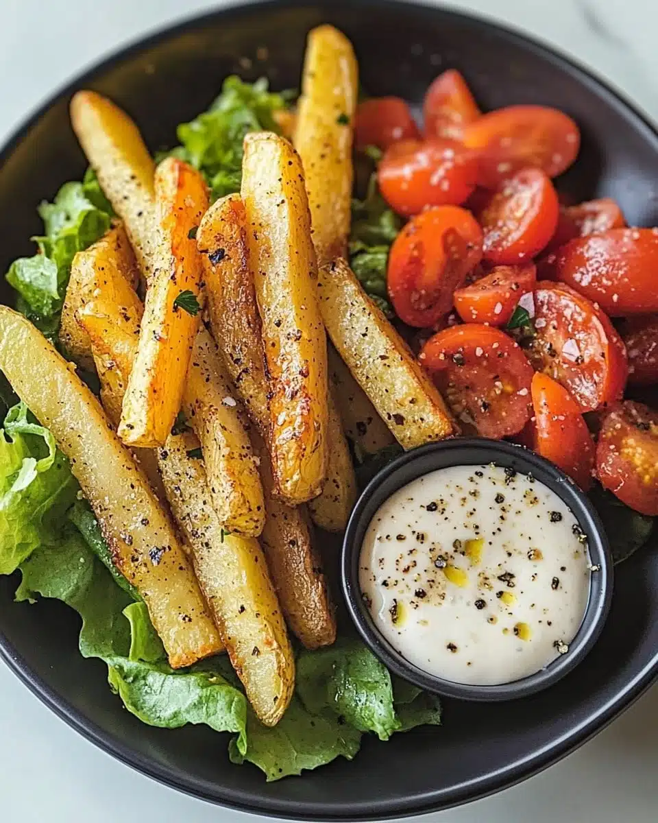 Crispy herb-roasted fries next to a vibrant garden salad