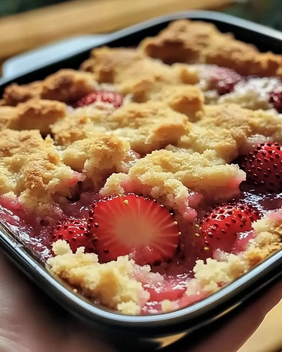 Sweet and easy strawberry cobbler dessert fresh from the oven