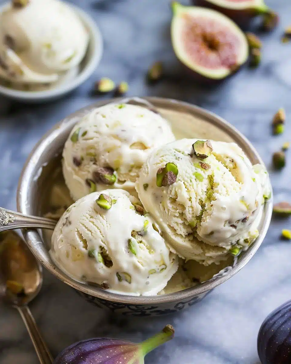 Creamy ricotta gelato with pistachios and fresh figs