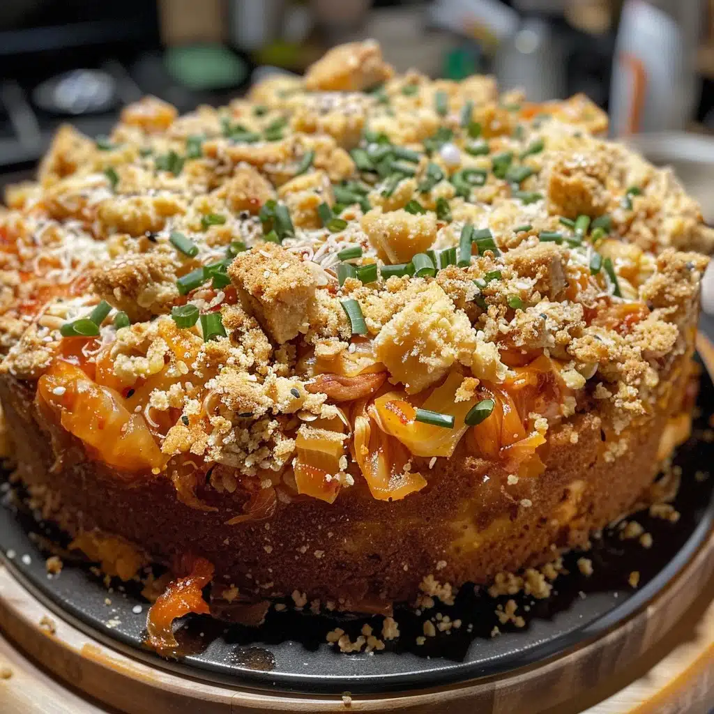 Savory kimchi and cheese crumb cake slice