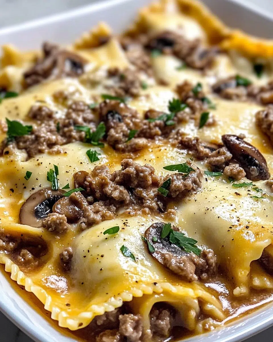 Hearty beef, mushroom, and ricotta stuffed pasta in a baking dish.