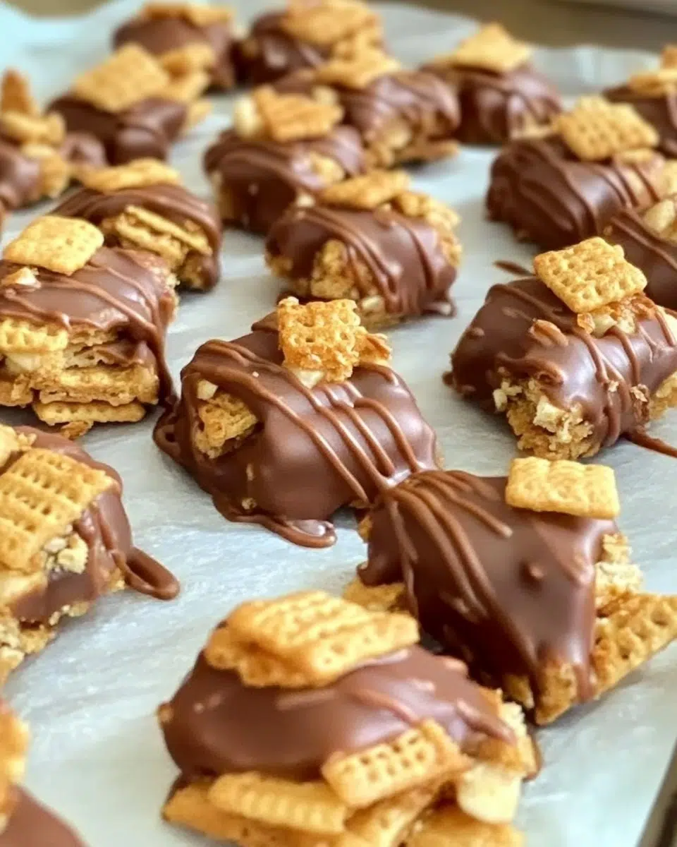Soft and perfectly set Chex Scotcheroos with rich chocolate and butterscotch topping.