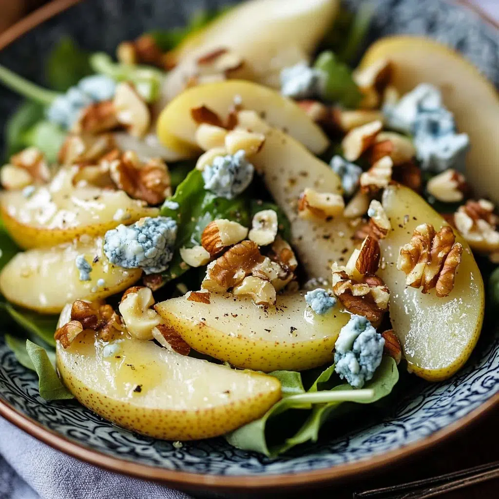 Warm pear and walnut salad with blue cheese, ready to eat.