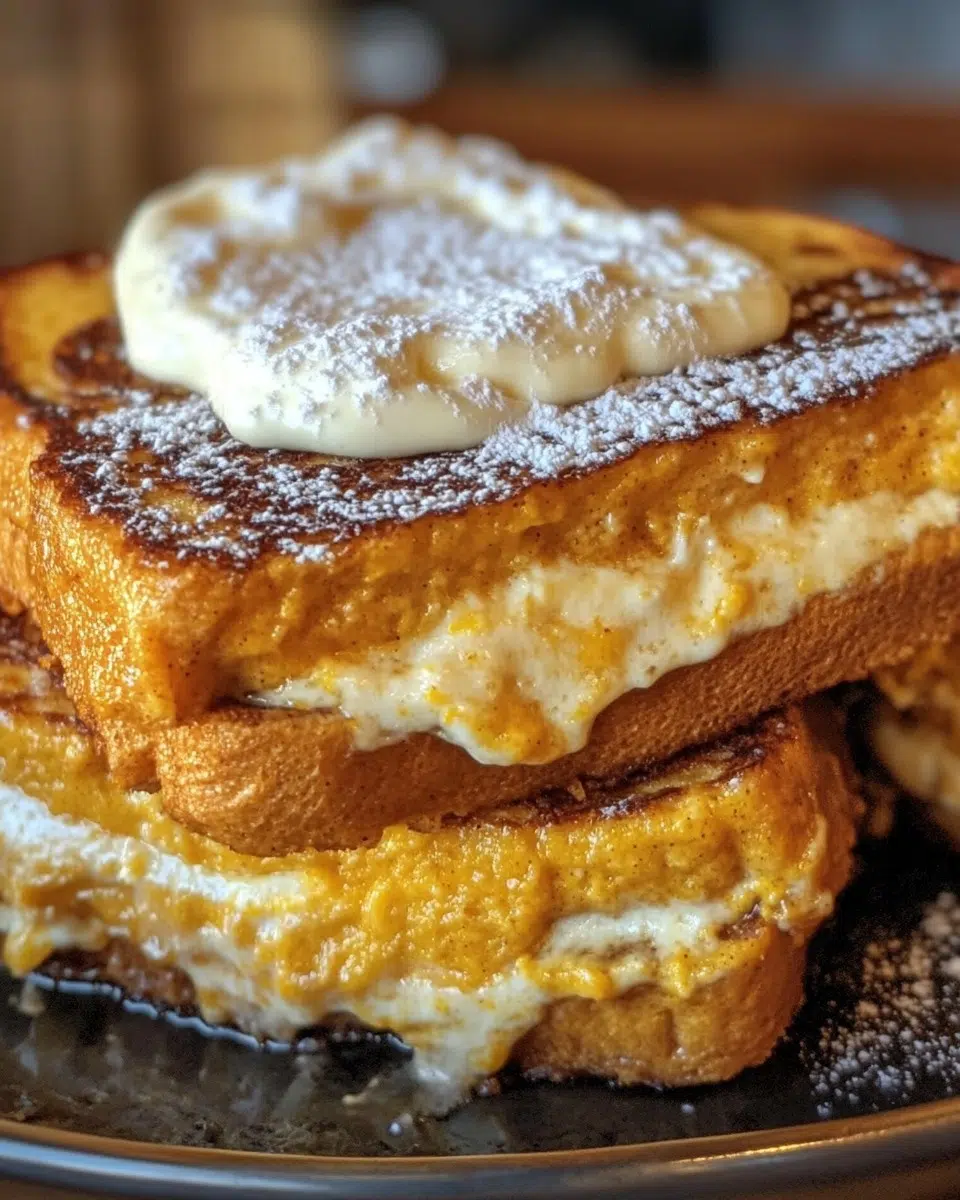 Decadent pumpkin cream cheese French toast bake, garnished for fall brunch.