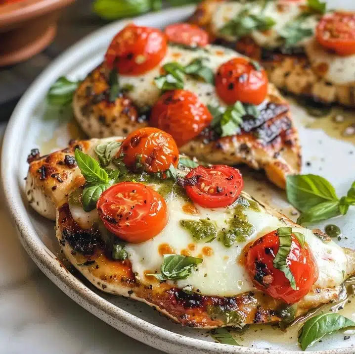 Plated grilled chicken Margherita with melted mozzarella, ripe tomatoes, and fresh basil leaves.