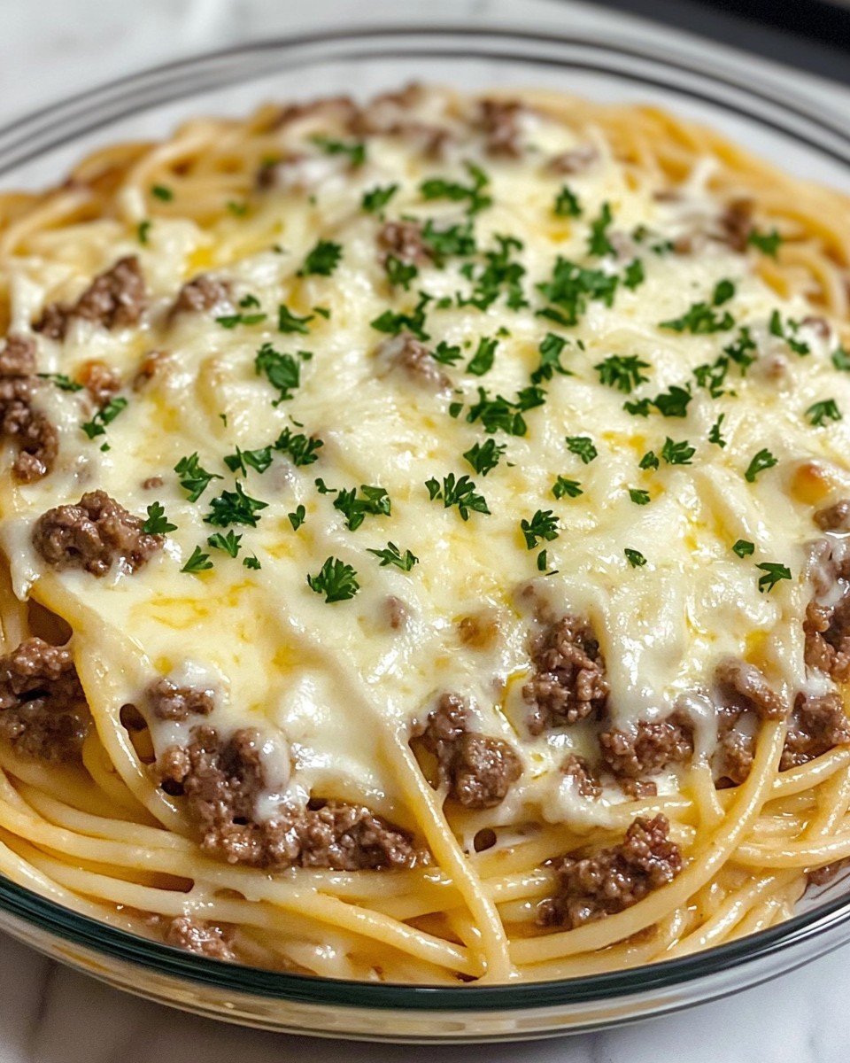 Delicious cheesy garlic butter spaghetti with savory beef.