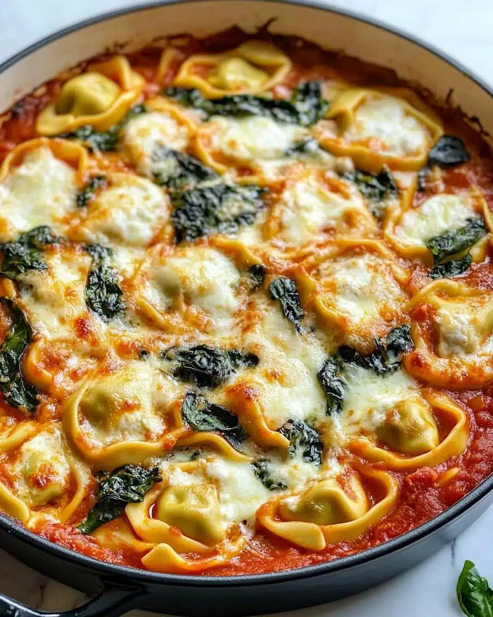 Cheesy one-pot spinach and ricotta tortellini bake in a serving dish.