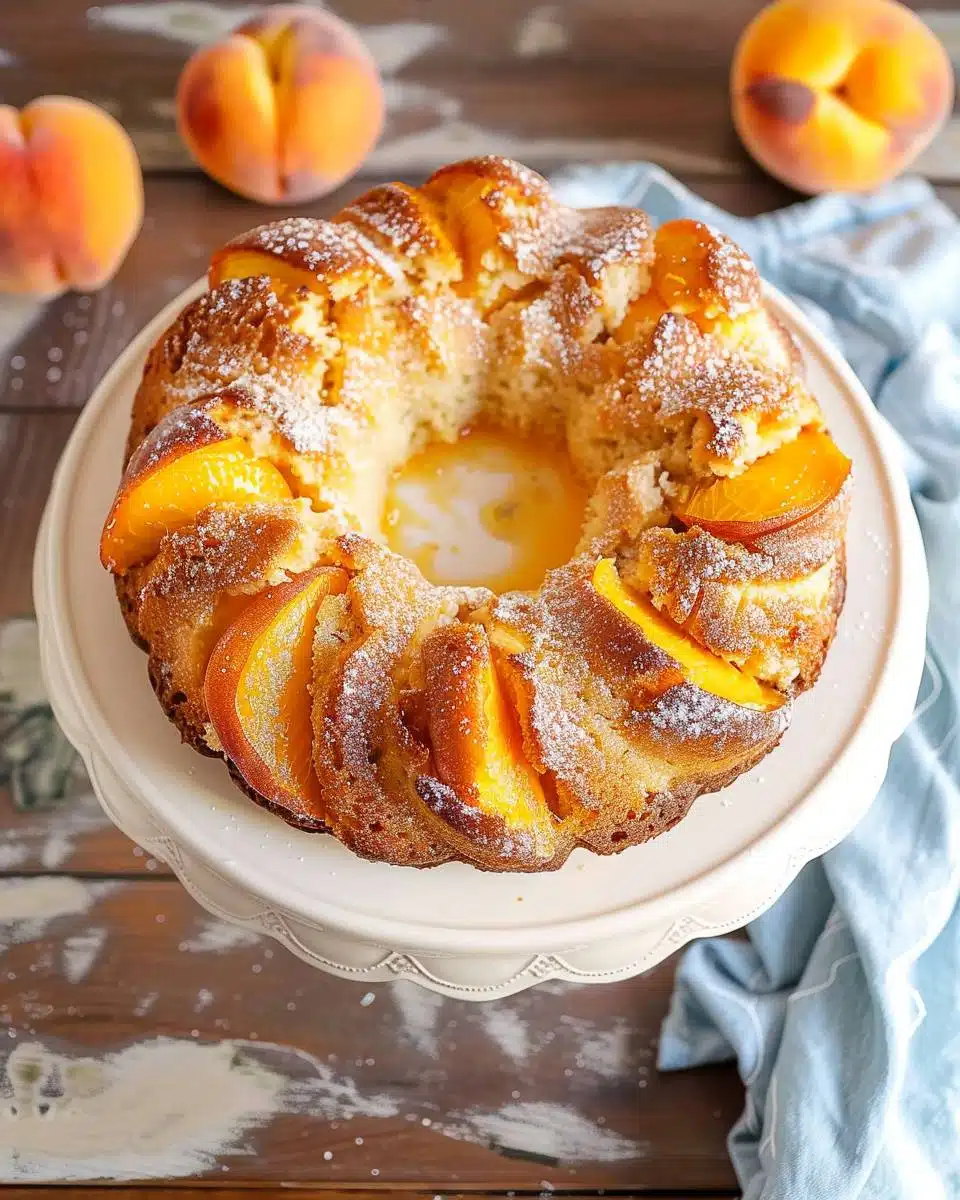 Golden-brown peach cobbler pound cake, a delicious Southern-inspired dessert.