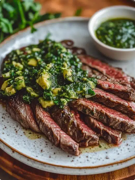 Grilled skirt steak with creamy avocado chimichurri on a plate.