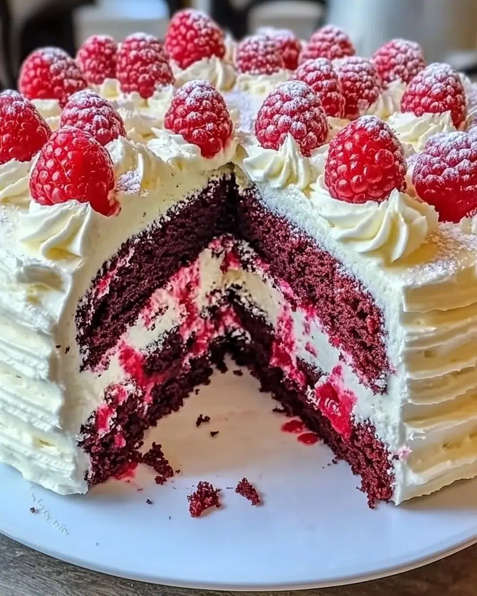 White chocolate raspberry layer cake with fresh raspberries