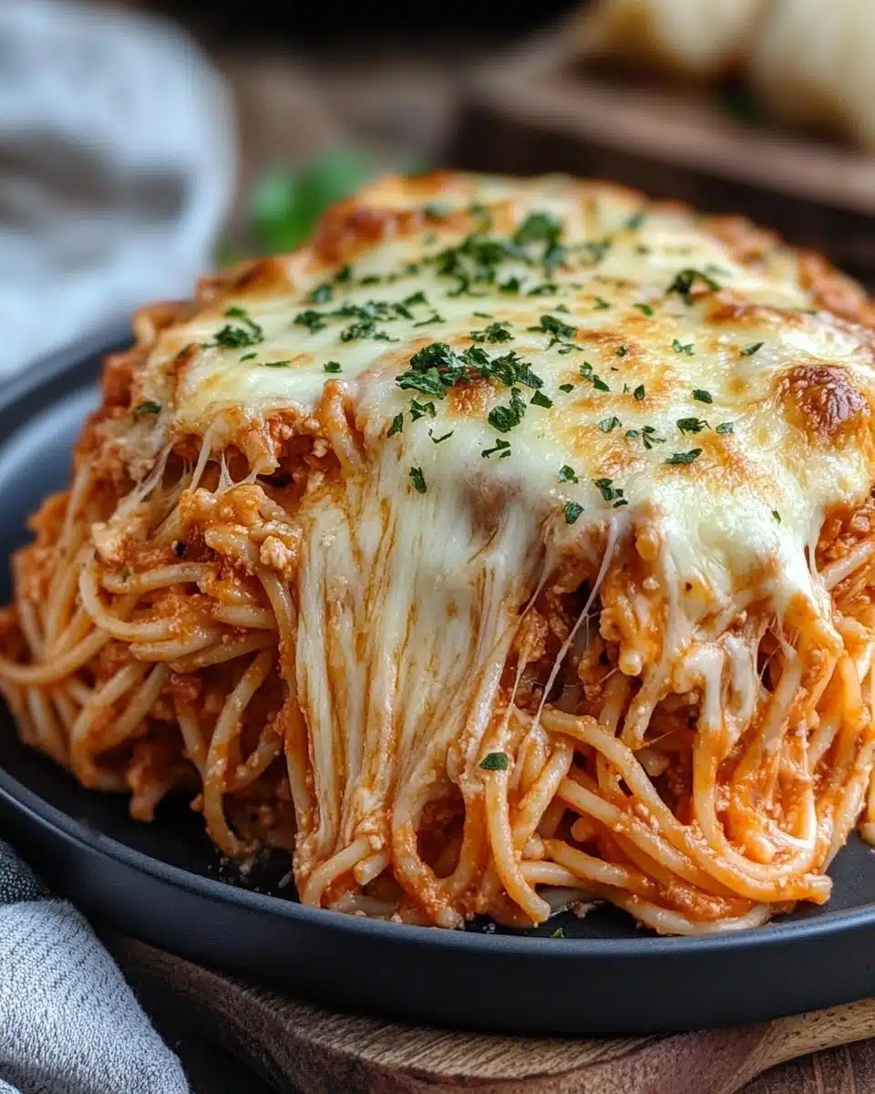 Creamy baked cream cheese spaghetti casserole, golden and bubbly.