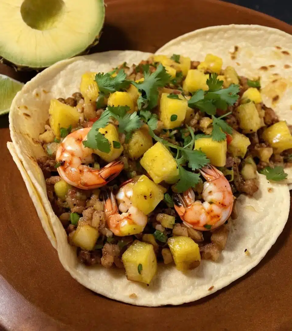Spicy jerk shrimp tacos with zesty pineapple salsa on a plate.