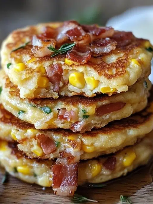 Stacked savory bacon and corn griddle cakes with maple syrup.
