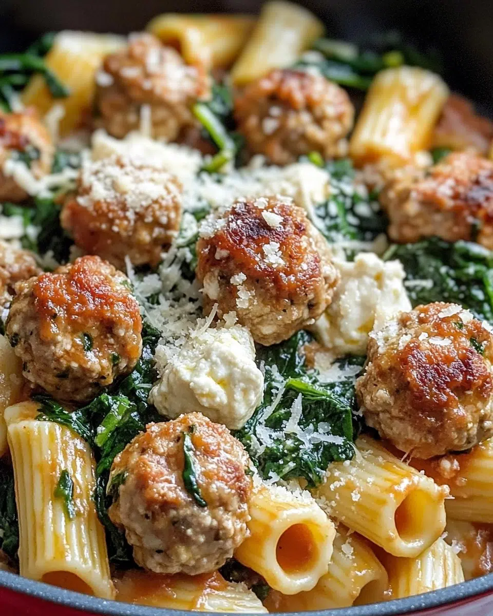 Savory turkey and ricotta meatballs with garlic spinach rigatoni.