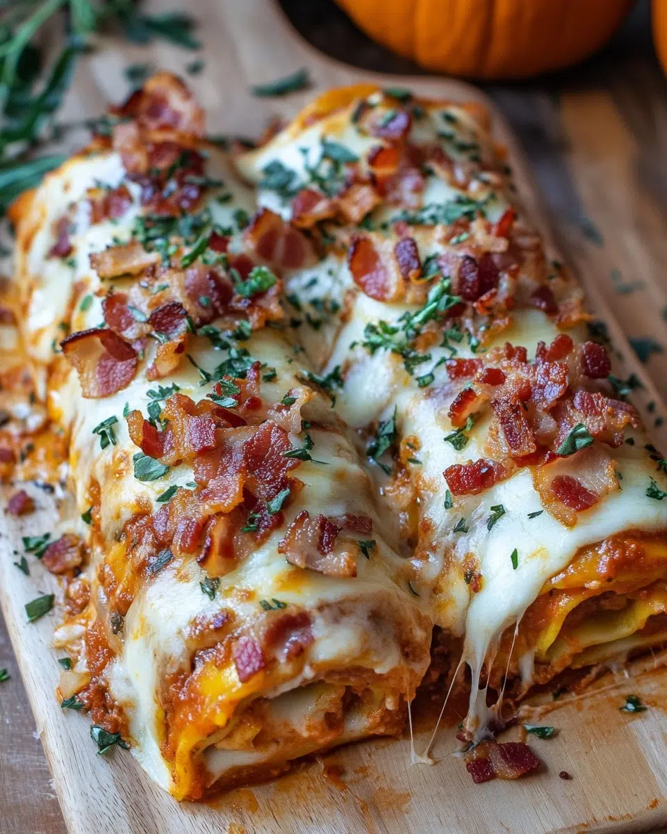 Cozy fall pumpkin lasagna roll-ups topped with crispy bacon