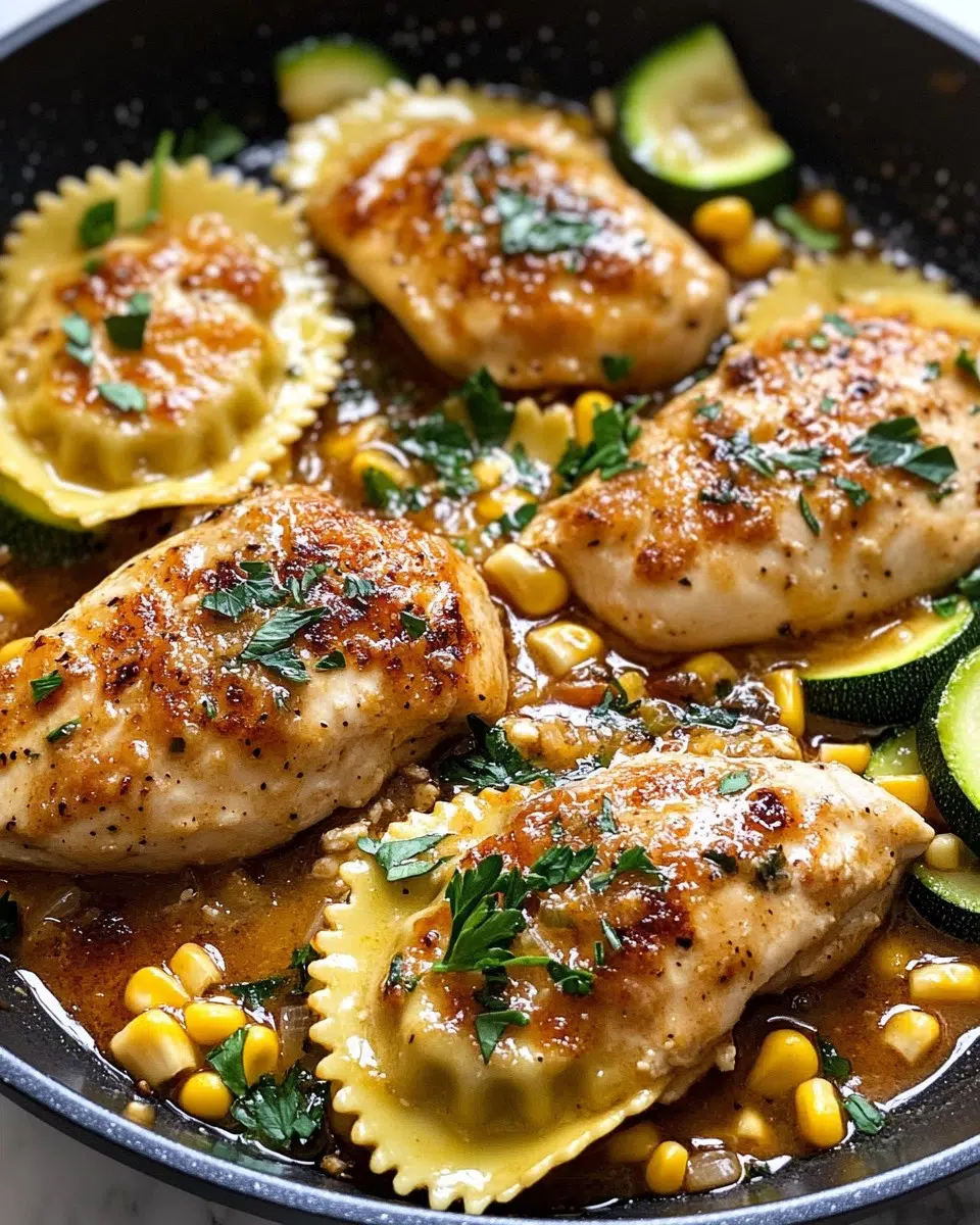 Plated lemon butter chicken with ravioli and roasted vegetables