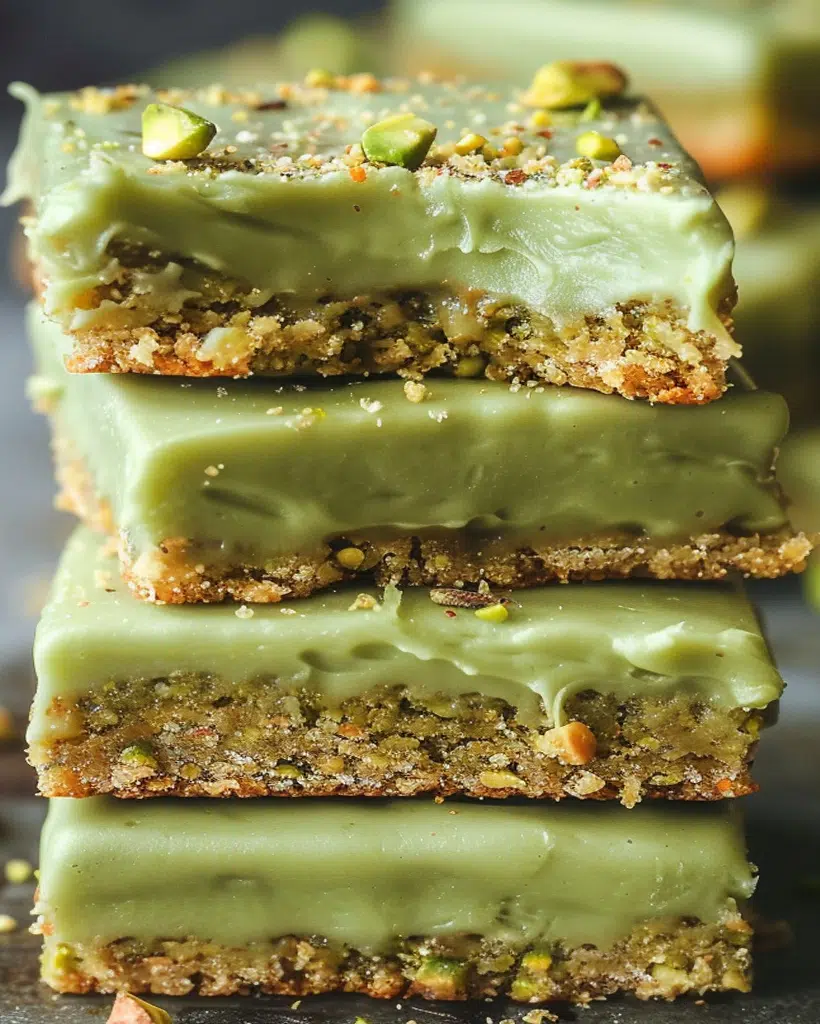 Creamy pistachio cheesecake bars garnished with chopped pistachios.