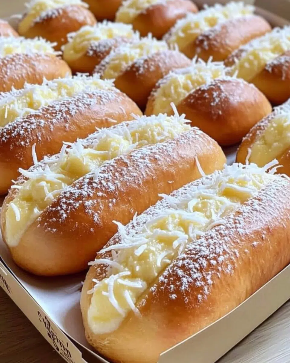 Golden-brown custard cream coconut buns with creamy filling and toasted coconut flakes.