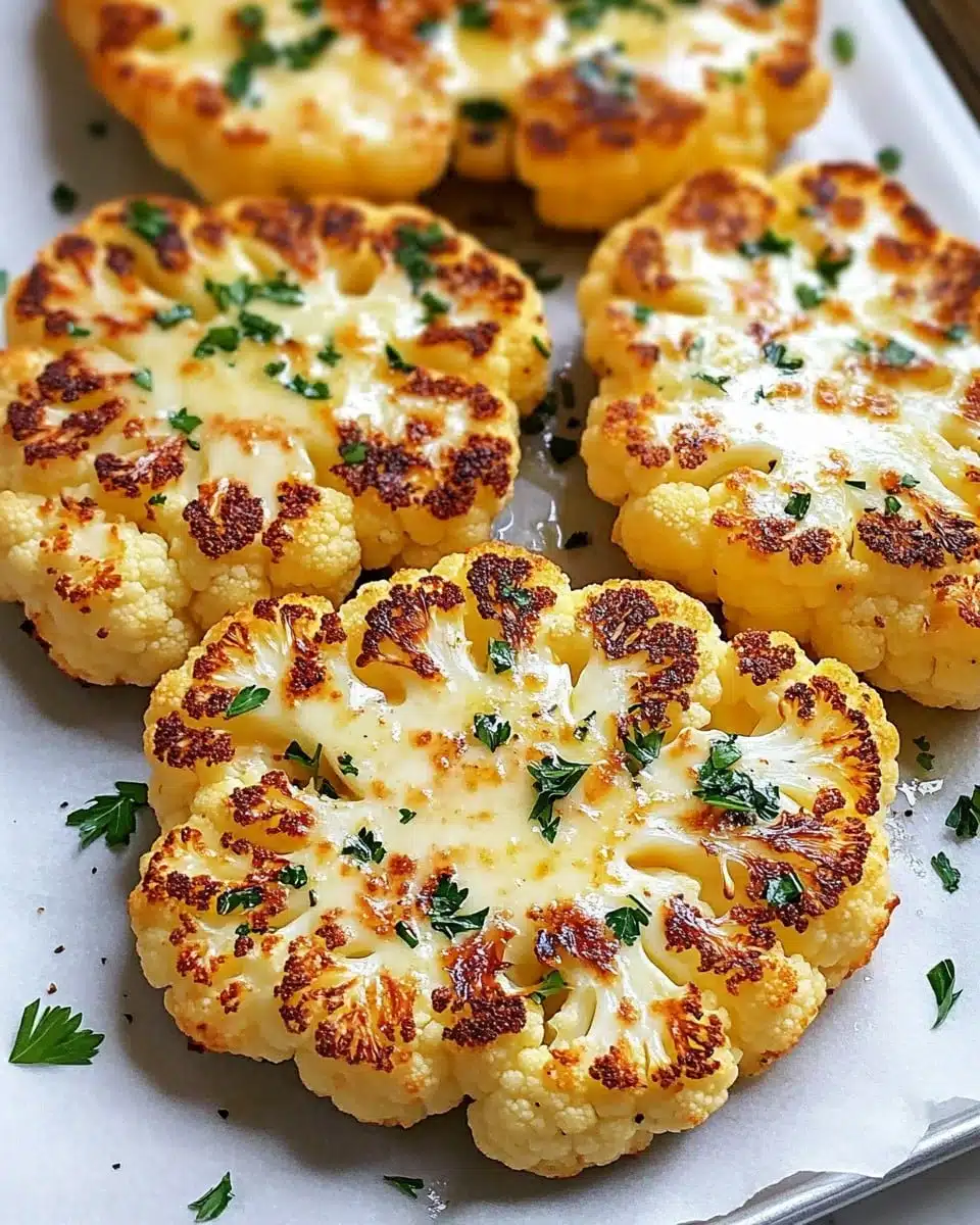 Delicious cheesy cauliflower steak with bubbling melted cheese.