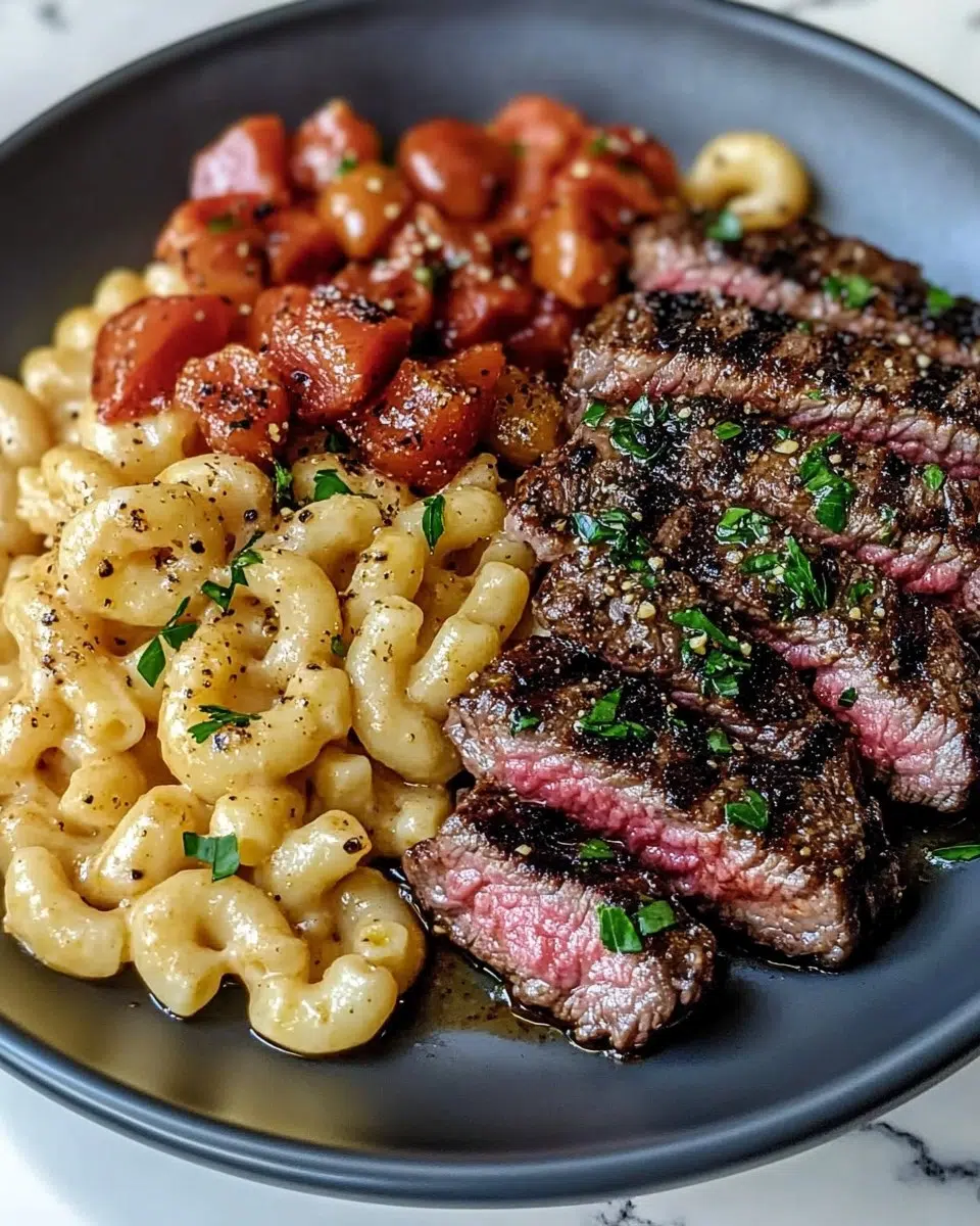 Grilled steak strips, creamy Cajun mac and cheese, and roasted garlic tomato mix.