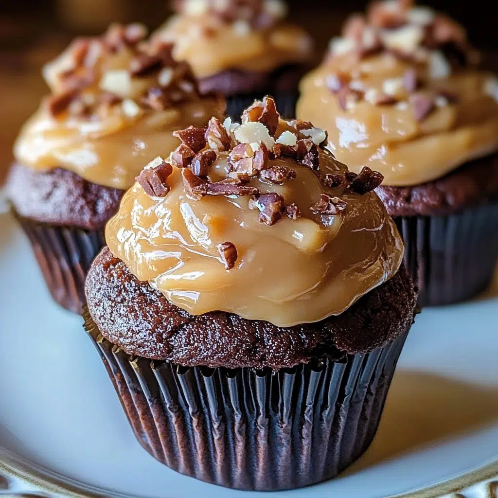 Decadent German chocolate cupcakes with creamy coconut-pecan frosting on a serving platter