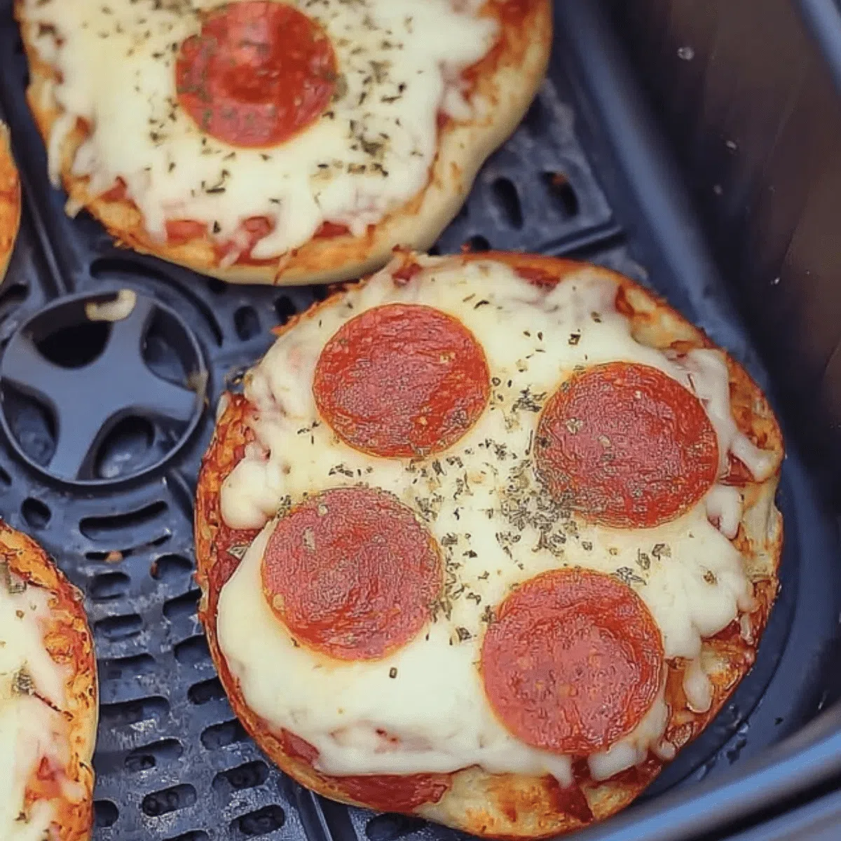 Air fryer bagel pizzas with melted cheese on a plate