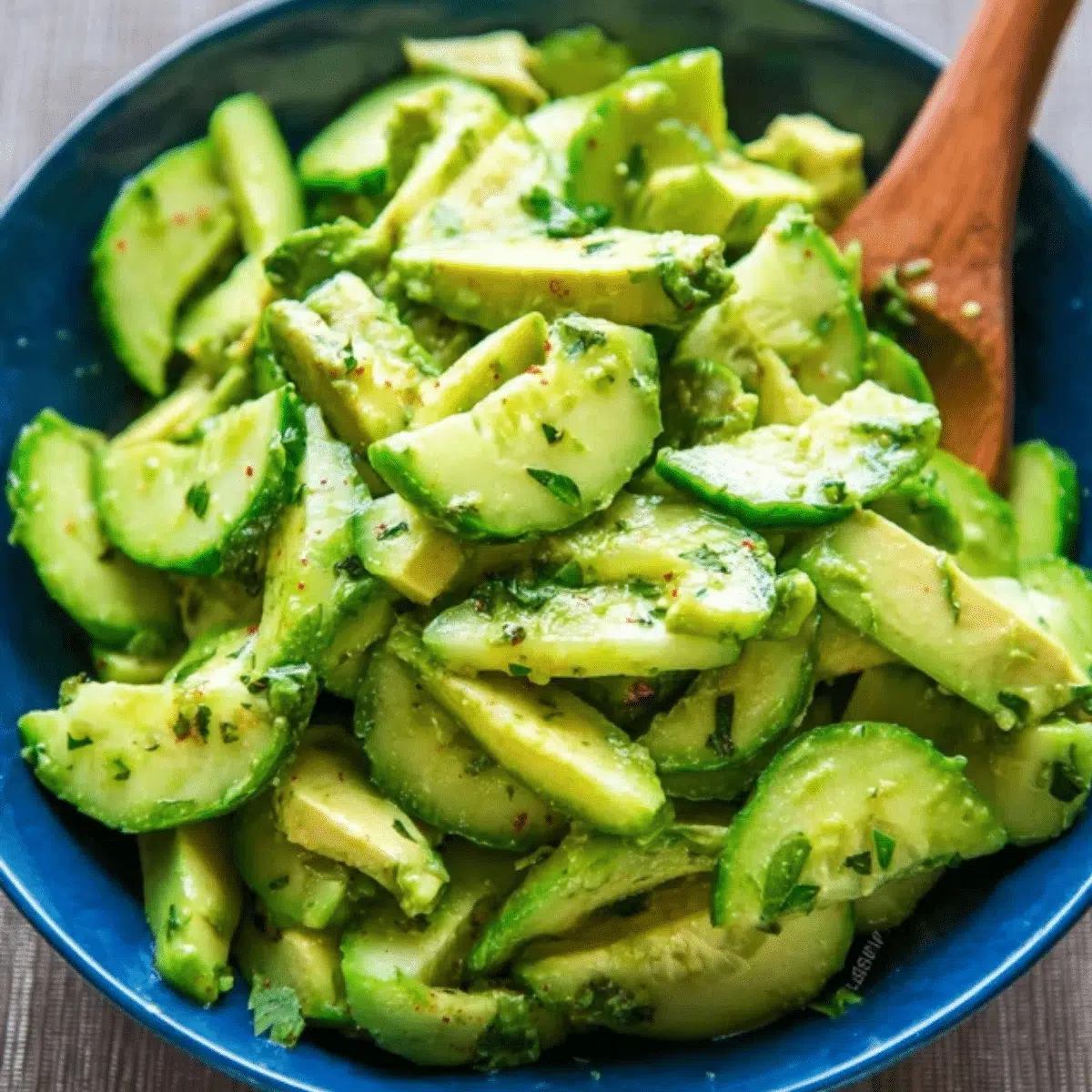 Healthy avocado cucumber salad in a serving bowl.