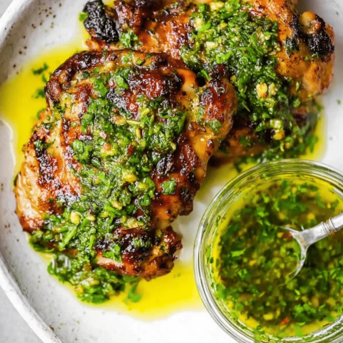 Grilled chicken thighs with vibrant chimichurri sauce on a plate.