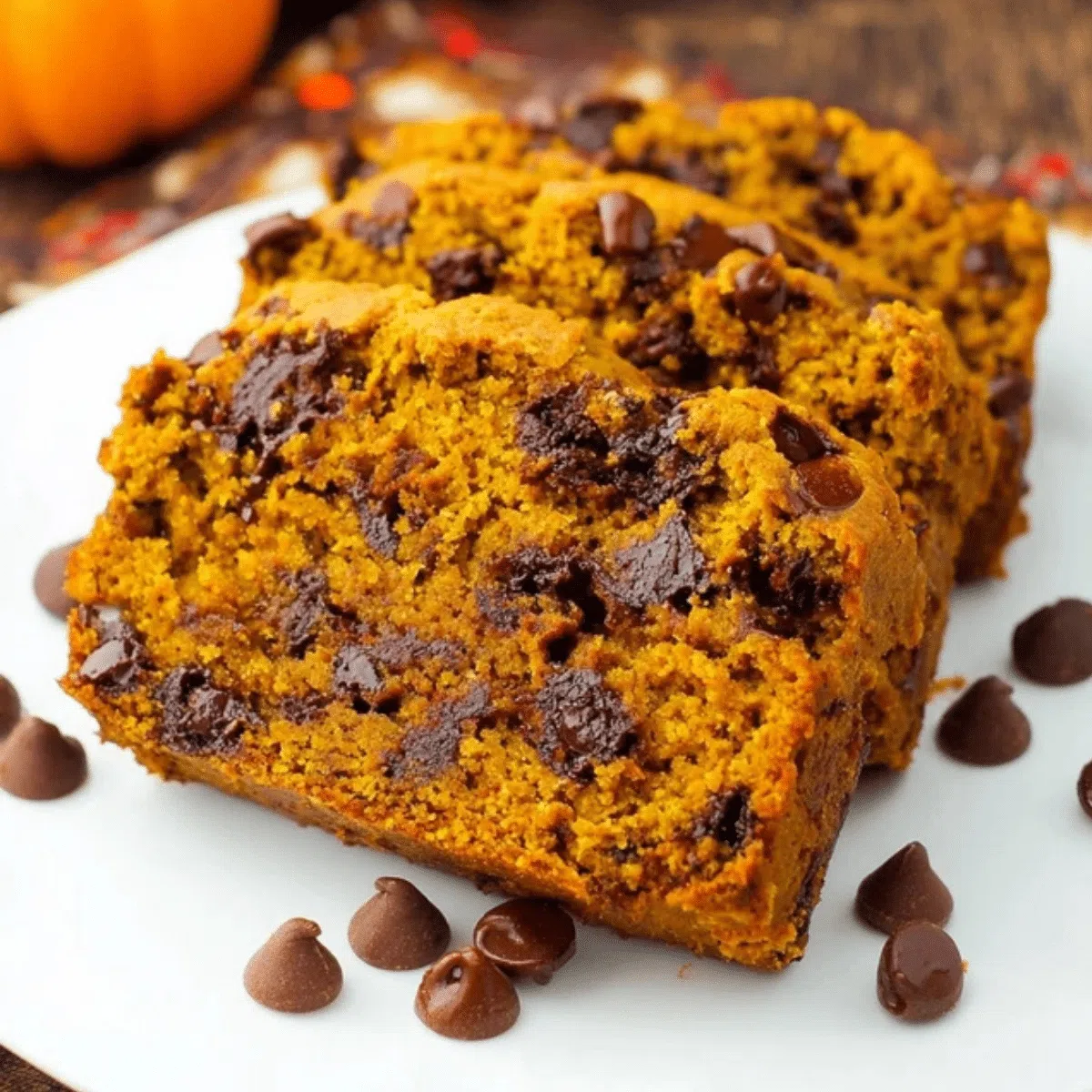 Slice of chocolate chip pumpkin bread.