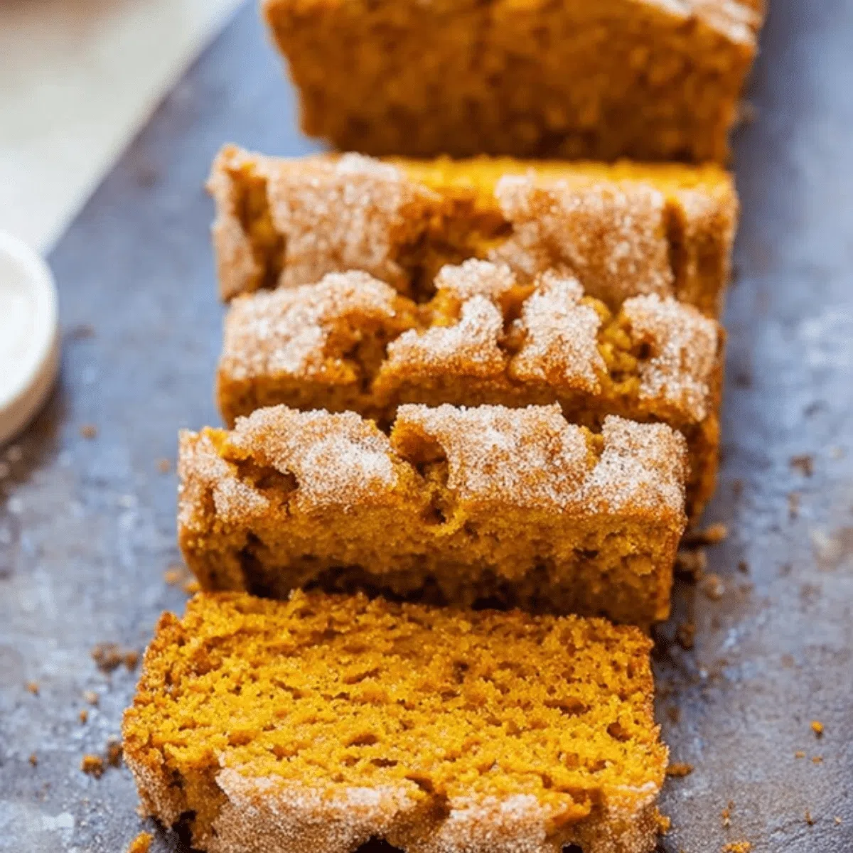 Slice of warm cinnamon sugar pumpkin bread on a plate.