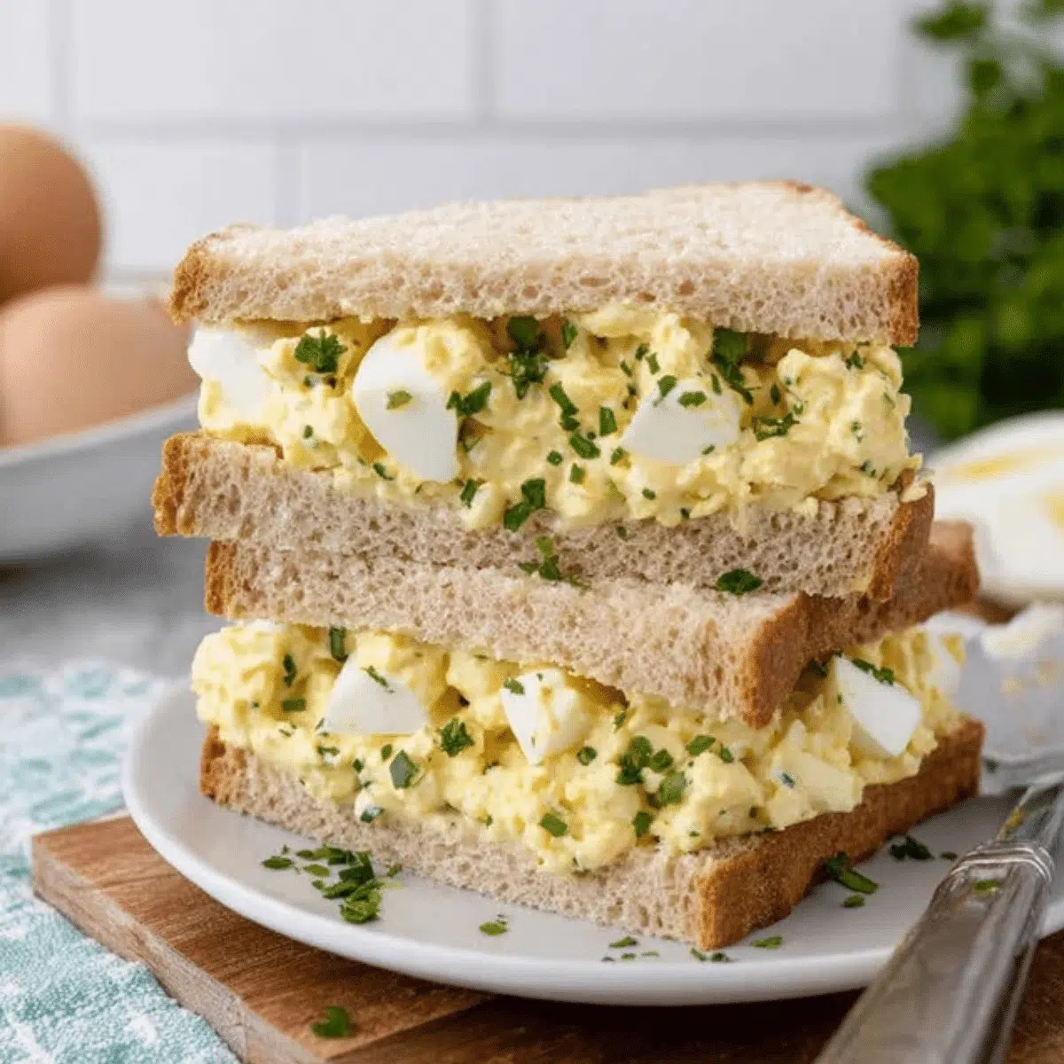 Classic egg salad sandwich, freshly prepared for a quick and easy meal.